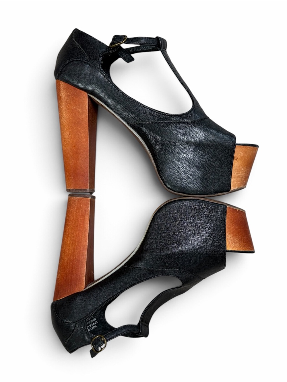 Jeffrey Campbell Foxy Wood Black Leather T-Strap Platform Heels Women’s 7M